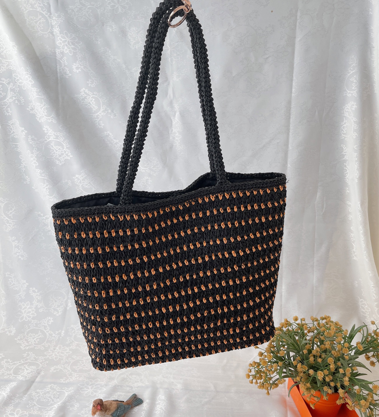 EL YAPIMI, SİYAH-TURUNCU RENK ÇANTA – c023