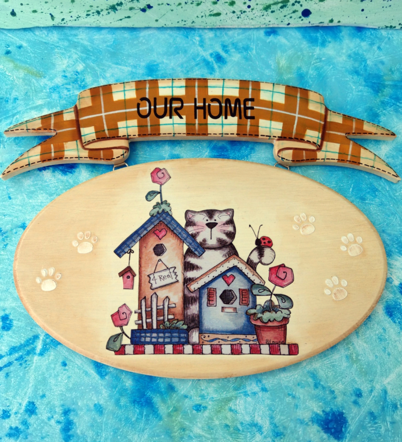 EL YAPIMI, KEDİ TEMALI (HOME) EVİMİZ YAZILI DEKORATİF KAPI ÖNÜ VEYA DUVAR SÜSÜ – s114