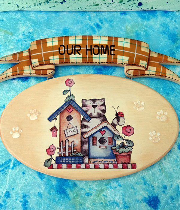 EL YAPIMI, KEDİ TEMALI (HOME) EVİMİZ YAZILI DEKORATİF KAPI ÖNÜ VEYA DUVAR SÜSÜ – s114